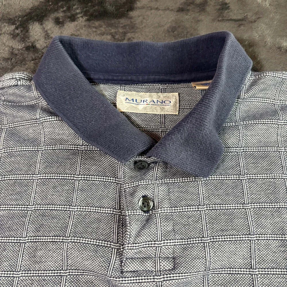 Murano Mens XL Long Sleeve Polo Rugby Shirt Navy Blue Grid Windowpane 100 Cotton